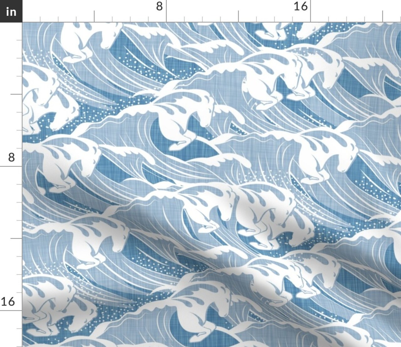 Nautical Waves Sea Horses Coastal Blue White Ocean Custom Printed Fabric by Spoonflower Various Fabrics by the Yard or Fat Quarter